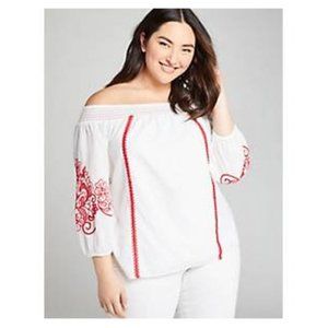 Lane Bryant Red and White Embroidered Off-the-shoulder Top